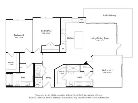 Floor plan for 3 beds, 2 baths, 1392 sqft
